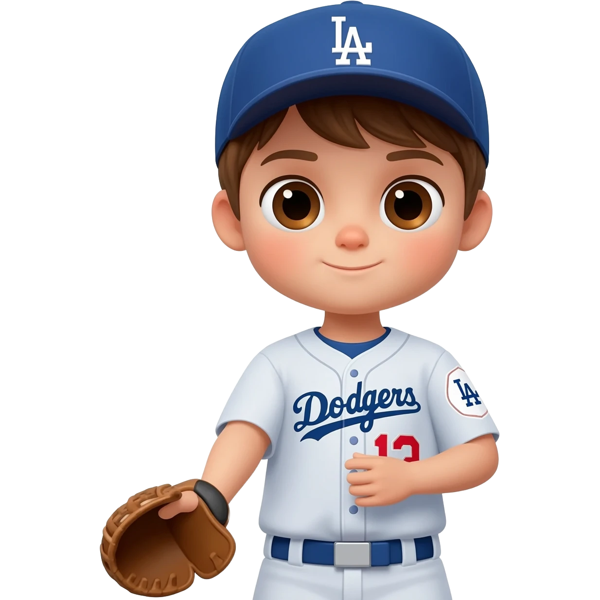 Toddler boy Baseball player wearing a dodgers uniform with brown hair, brown eyes and light skin emoji