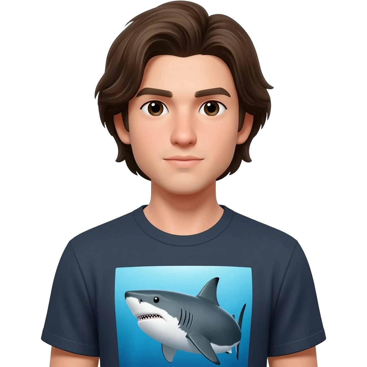 a handsome man with medium length hair wearing a t-shirt with a shark image on it. emoji