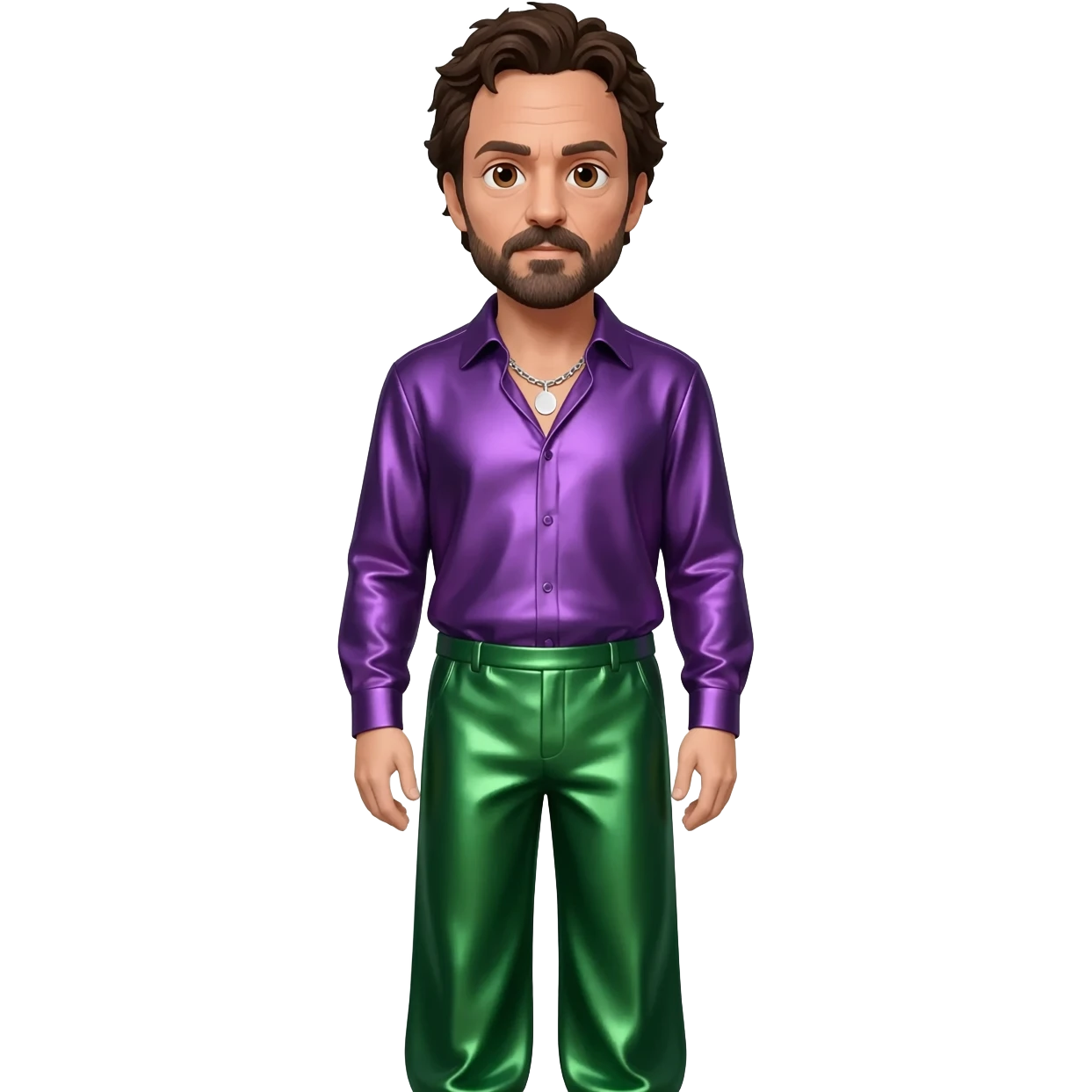 Mark Ruffalo with brown eyes, dark brown hair, purple metallic shirt, green metallic baggy pants, silver necklace emoji