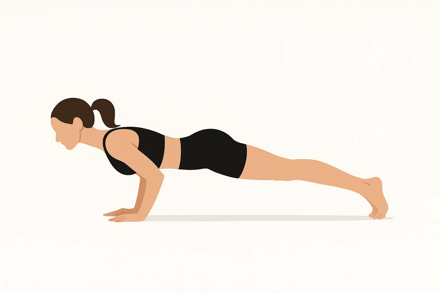 Minimalist flat vector illustration of a woman doing yoga (Four Limbed Staff ), wearing sportswear (black top and black shorts), brown hair pulled back into a ponytail, clean white background, no face details, elegant style emoji