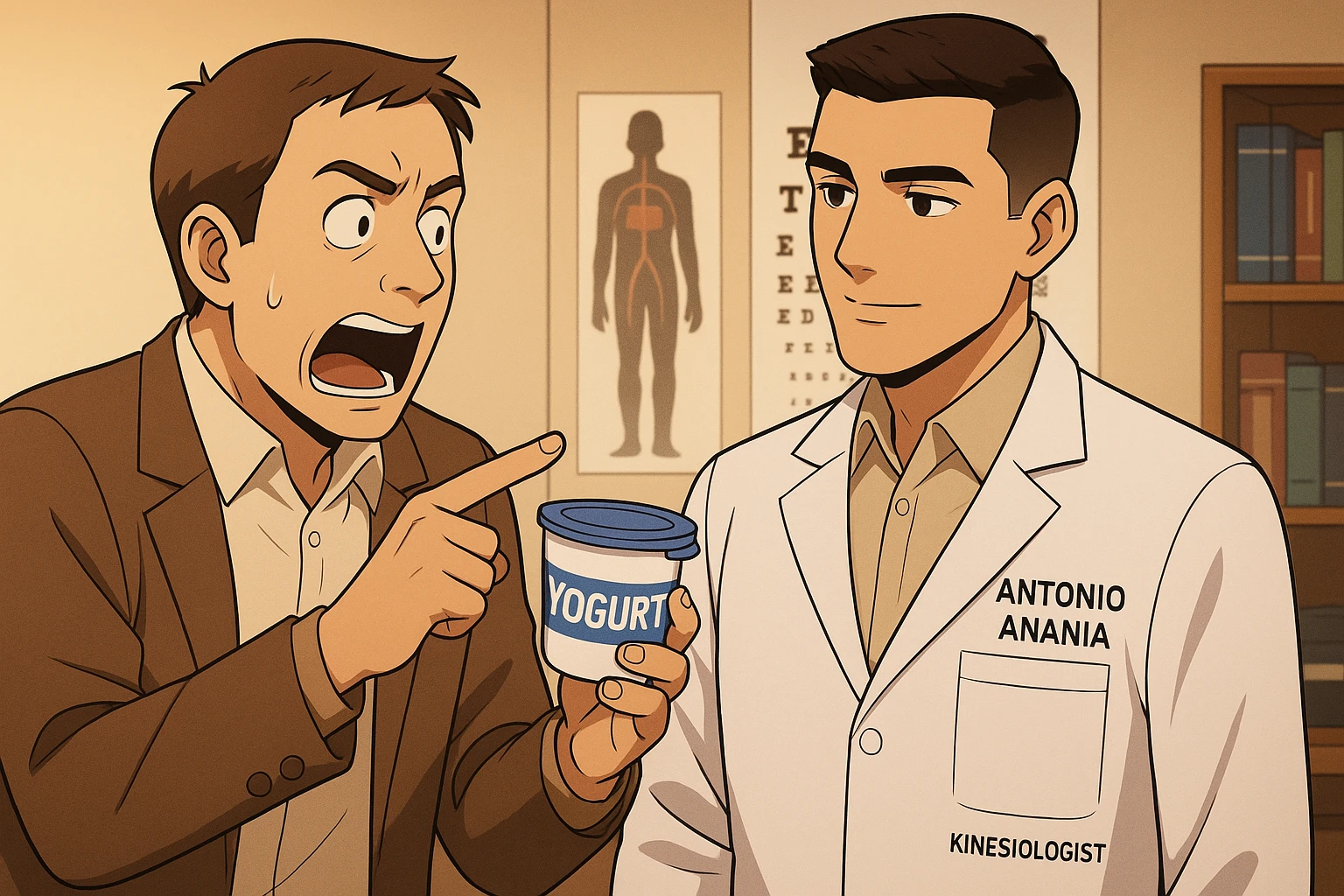 fai un webtoon manga a colori con questo stile, in cui un uomo chiede al kinesiologo con il camice bianco (fagli anche la scritta "ANTONIO ANANIA" SUL CAMICE, una domanda e il kinesiologo gli risponde, L'UOMO INDICA LO YOGURT CHE HA IN MANO ED è MOLTO ALLARMATO NEL FARE LA DOMANDA. non fare i fumetti però, fai solo in modo che sembri stiano parlando emoji