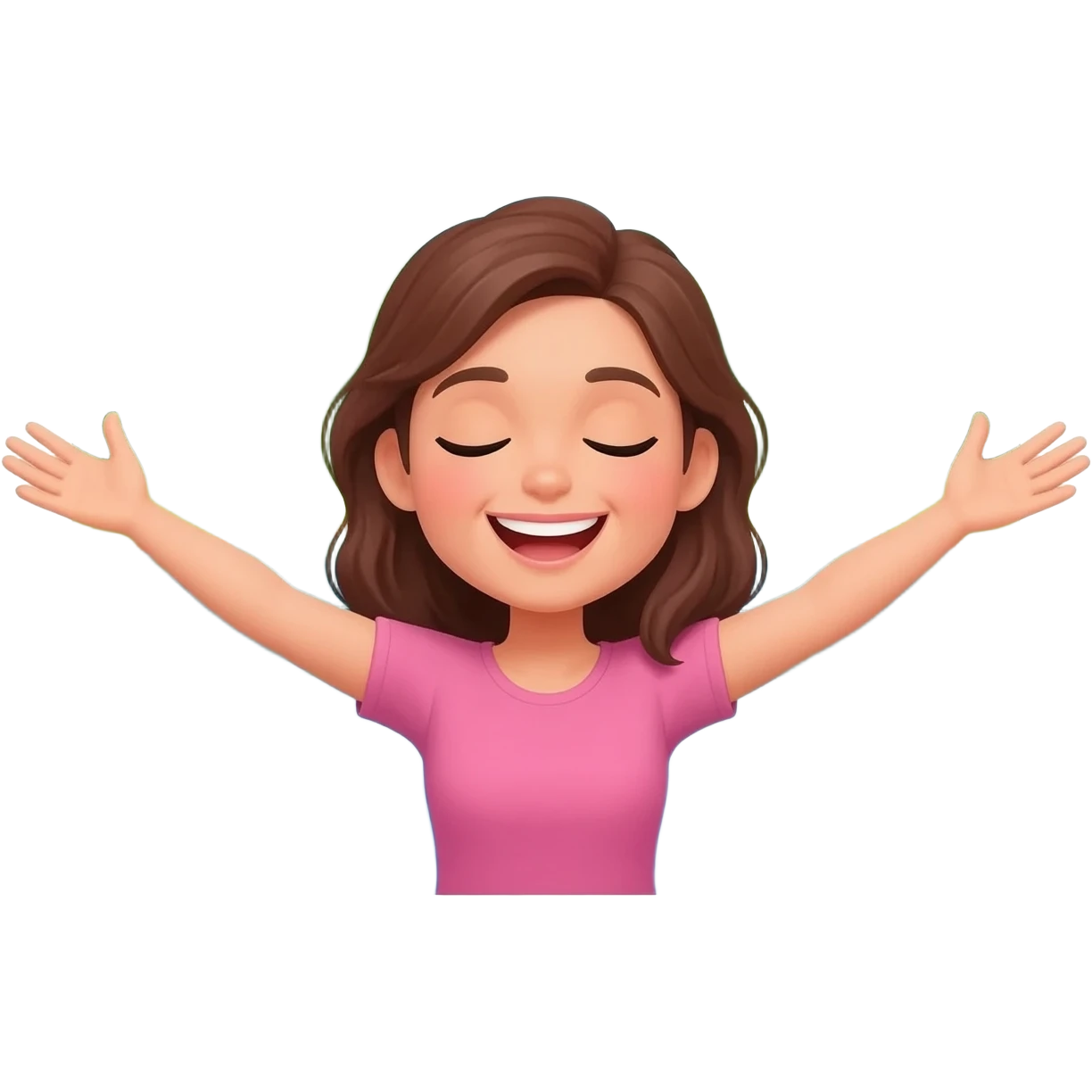 the woman spread her arms, closed her eyes, and smiled. She was happy. in the background, there was a rainbow, a lake, and a forest emoji