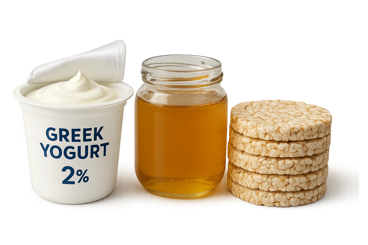 Yogurt Greco 2%
Miele (senza il cucchiaio di legno)
Gallette di Riso
vista frontale, iperrealistico 4k emoji