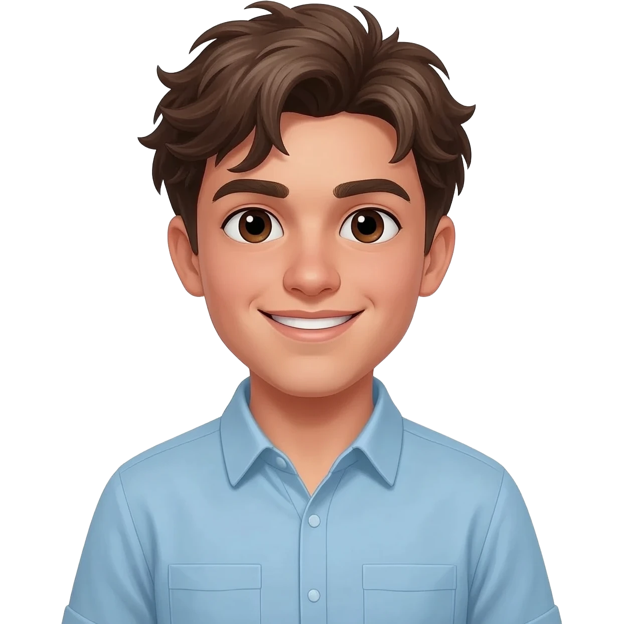create an emoji of a teenage man, very very slightly tanned face, smile. he has an cool look, very messy brown hair, dark brown eyes, natural lips. he wears a short sleeve light blue emoji