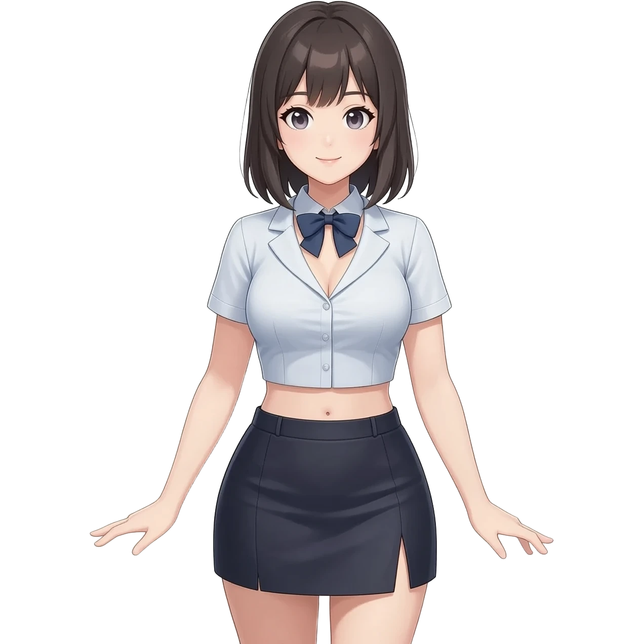 A hot Japanese anime girl wearing hot offixe wear a mini skirt and a crop top whoch can show her cleavage emoji