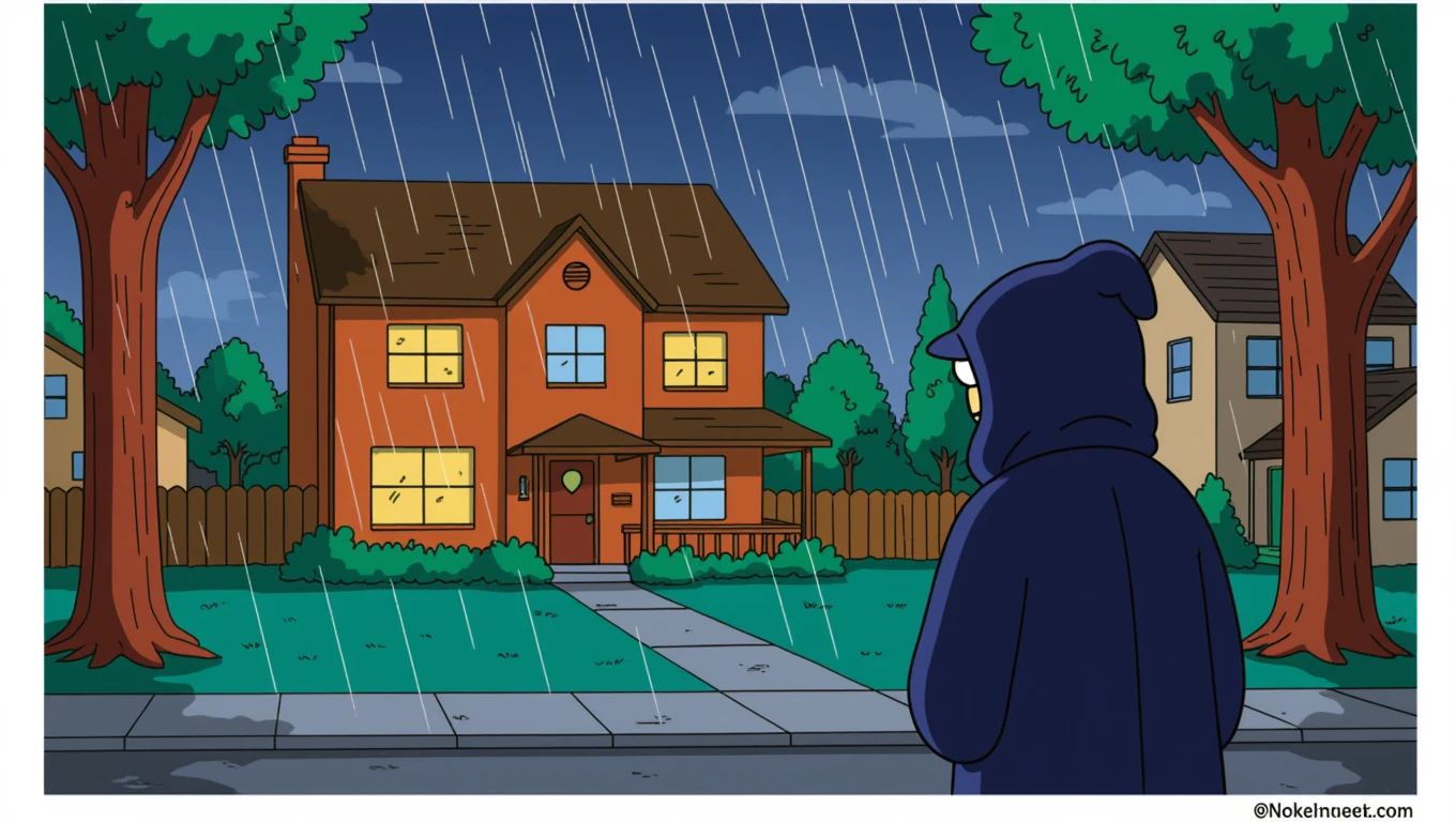 Springfield sous la pluie, la nuit. Une silhouette encapuchonnée observe la maison des Simpson. emoji