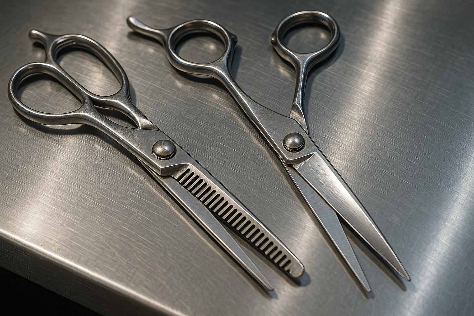 A set of professional barber scissors lies on a stainless steel workbench, gleaming under the bright lights. The blades are sharp and precise, with smooth handles showing signs of frequent use, ready for the next cut emoji