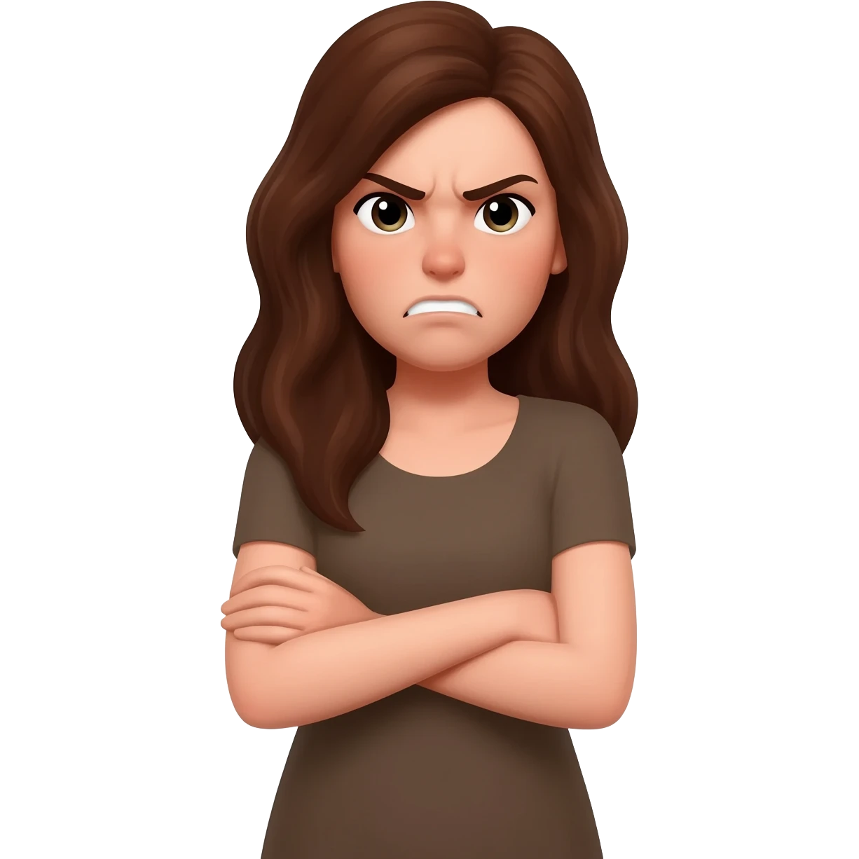 brown hair woman arms crossed and angry emoji