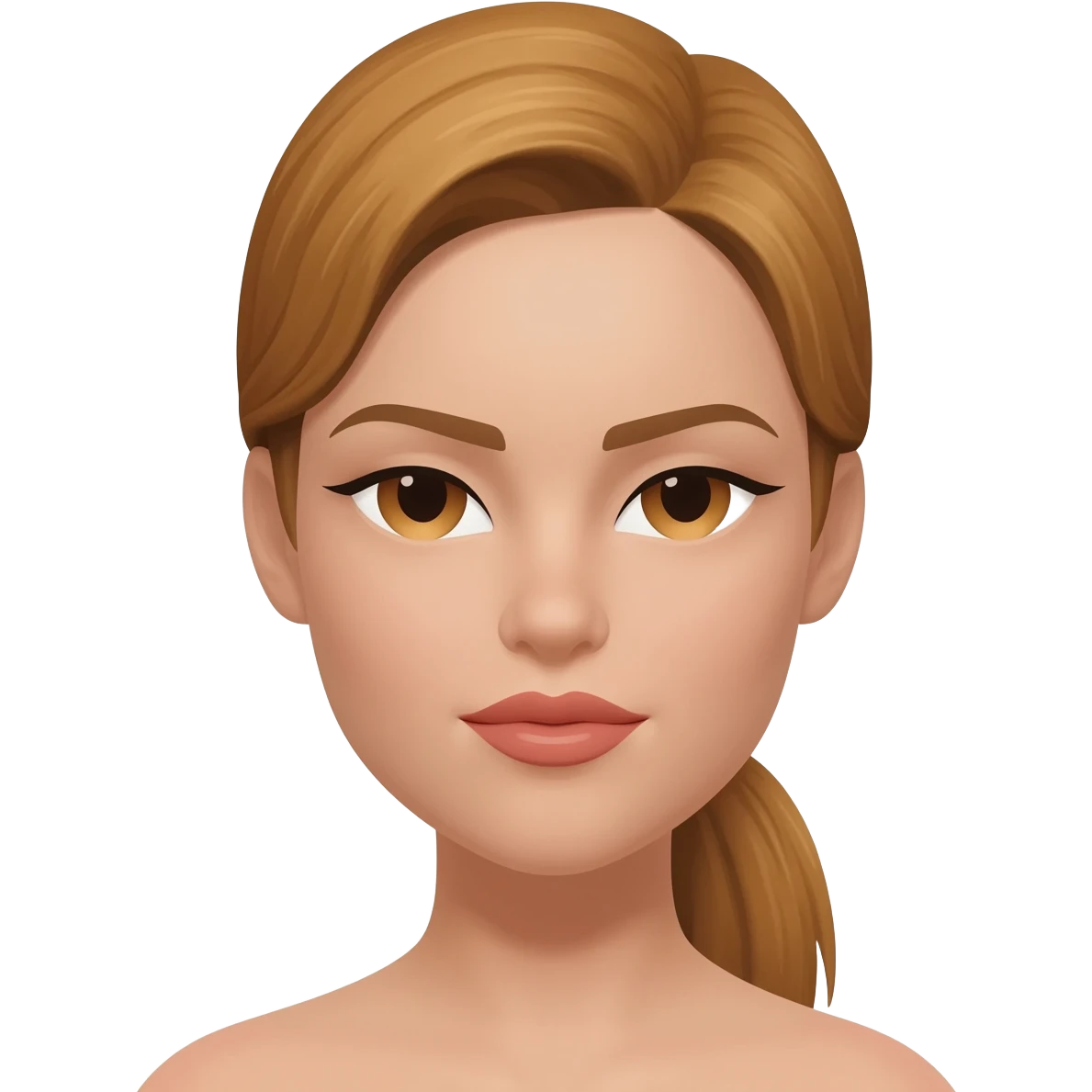 brunette with golden brown hair in a ponytail, brown eyes, full lips, small button nose, fair skinned like of olive color emoji