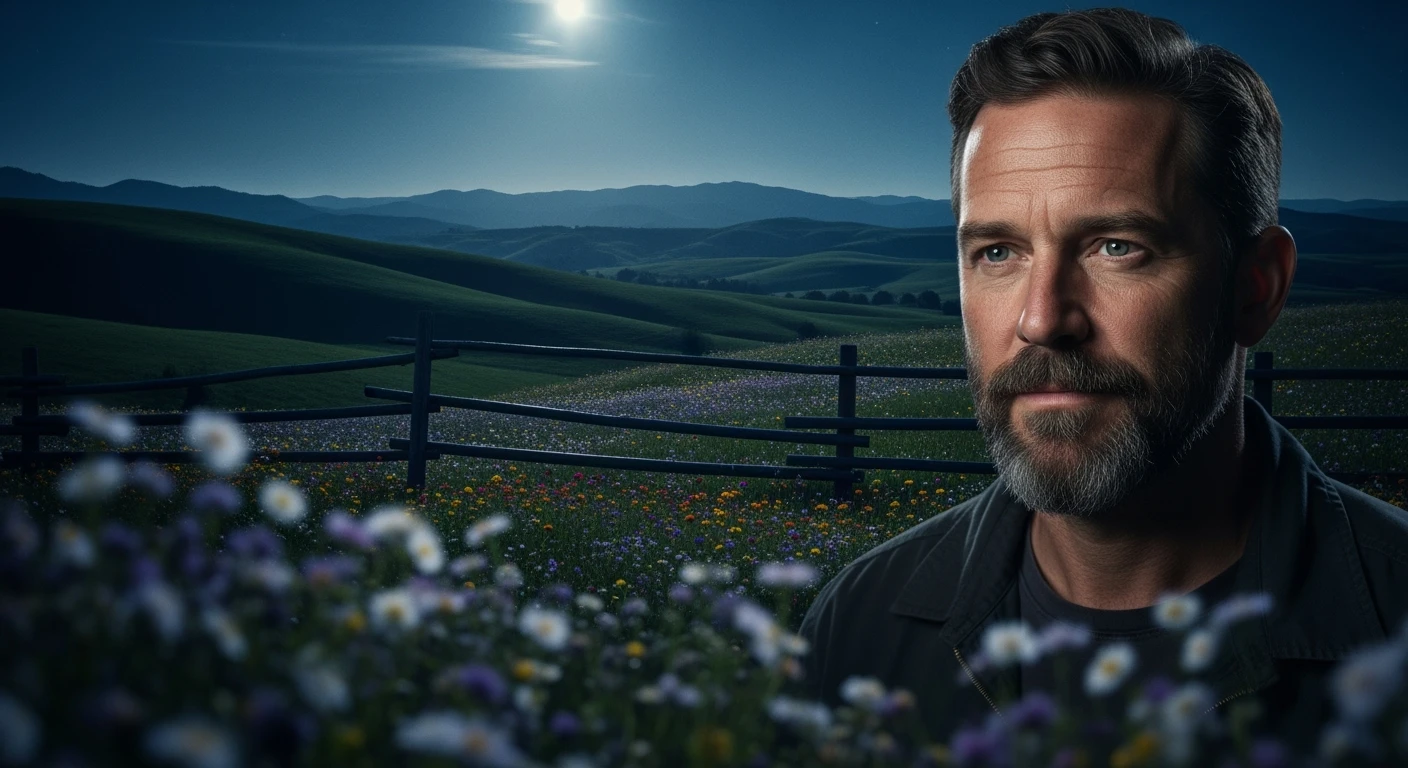 A portrait of a white person in the foreground, blurred plants in the foreground, a wooden fence and colorfull flowers in the midground, rolling hills in the background, cinematic depth of field, layered composition, moon back light (Blue night) emoji