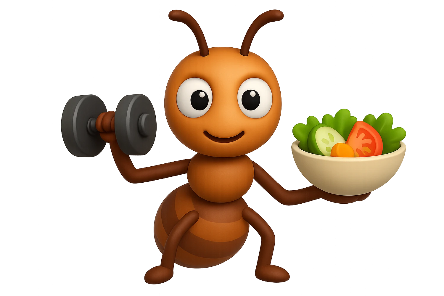 EMOJI STILE IPHONE 3D DI UNA formica CHE ha un manubrio da palestra nella mano destra e un insalata nella mano sinistra, FAGLI GLI OCCHI CON LA PARTE BIANCA, NON SOLO LA PUPILLA emoji