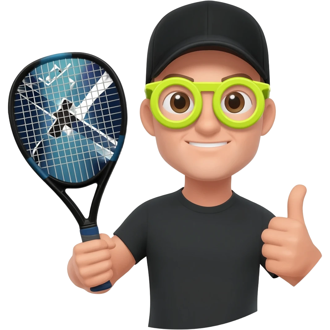 make a circular imogi of man with NOX padel bat with tennis balls as glasses and wearing a cap with black  top make circular with thumbs up emoji