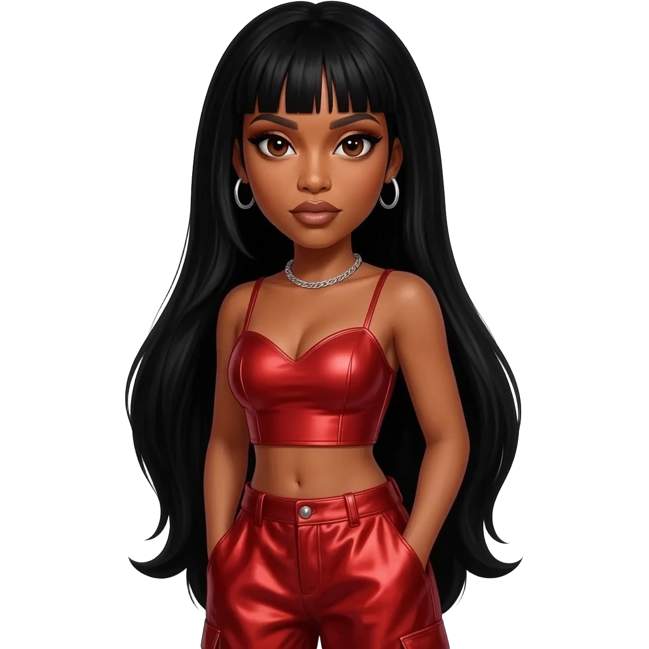 Kelly Rowland with brown eyes, long jet black hair, red metallic sweetheart crop top, red metallic baggy pants, silver necklace emoji