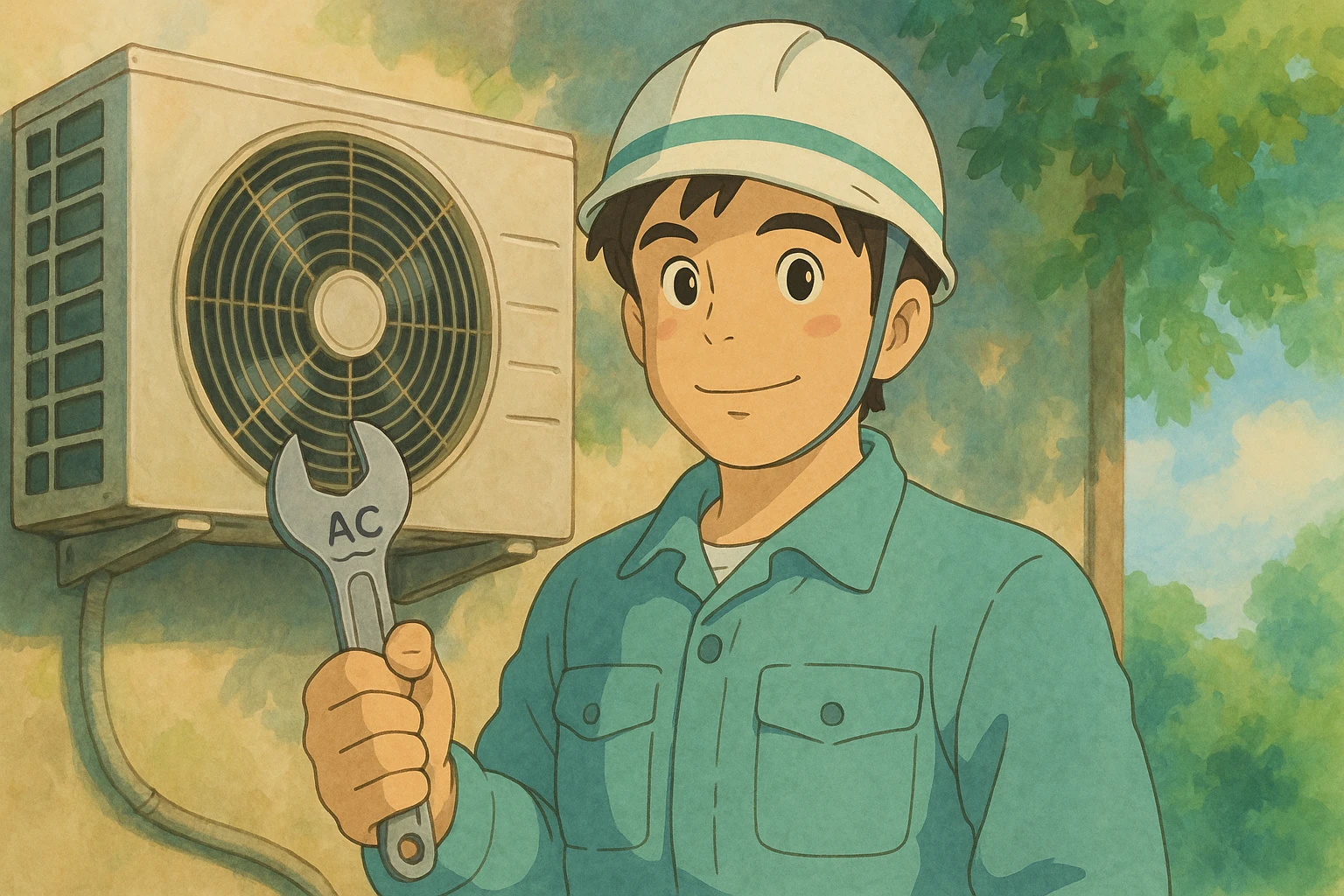 air conditioning technician with wrench and AC symbol, soft colors, ghibli style emoji