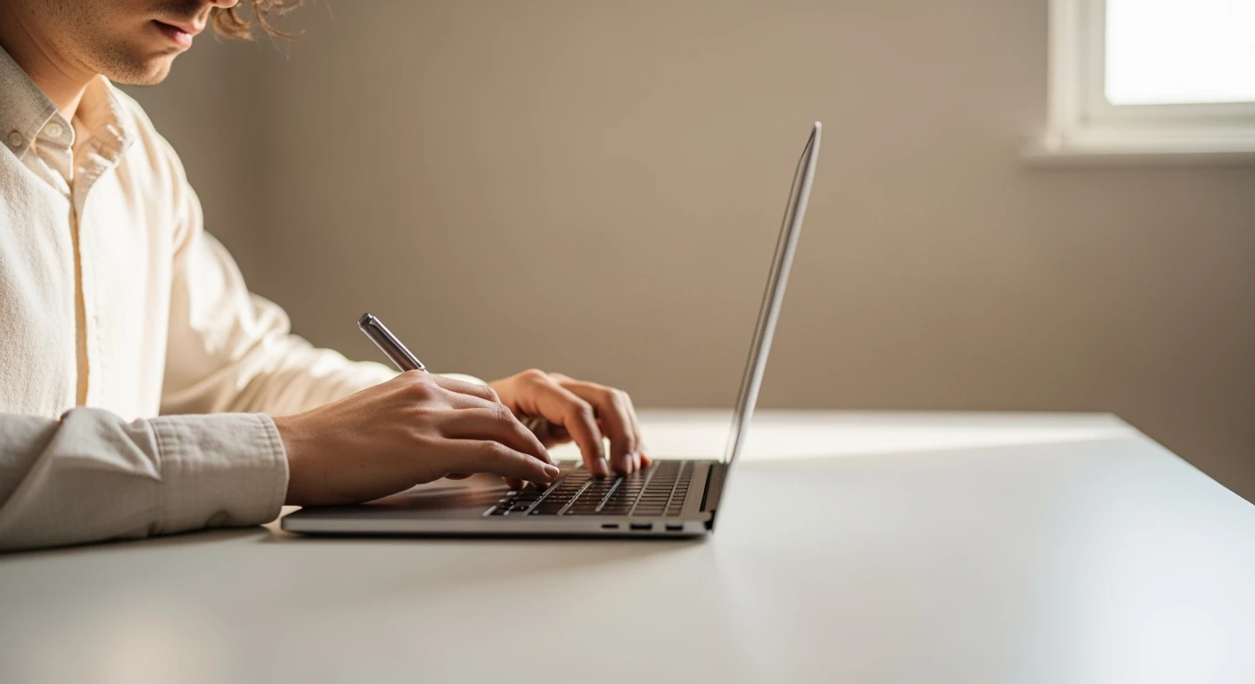 POV shot, Man writing on macbook pro keyboard, minimalistic environment emoji