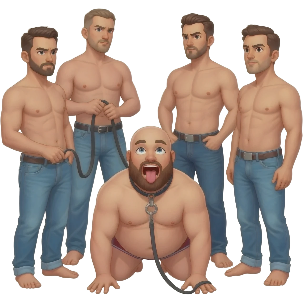 A group of mean looking  shirtless hung men in unbuttoned jeans or underwear and surrounding a chubby bald bearded aroused guy in underwear looking up at the men with mouth wide open and tongue out on his hands and knees wearing a collar and leash held by one man realistic style emoji