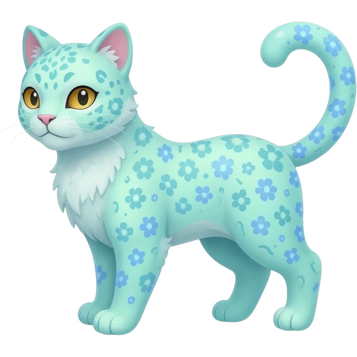 Pastel Mint-Aqua Soft-Iridescent Gentle Floral-Patterned Feline Sylveon-Liepard-hybrid-creature (full body) emoji