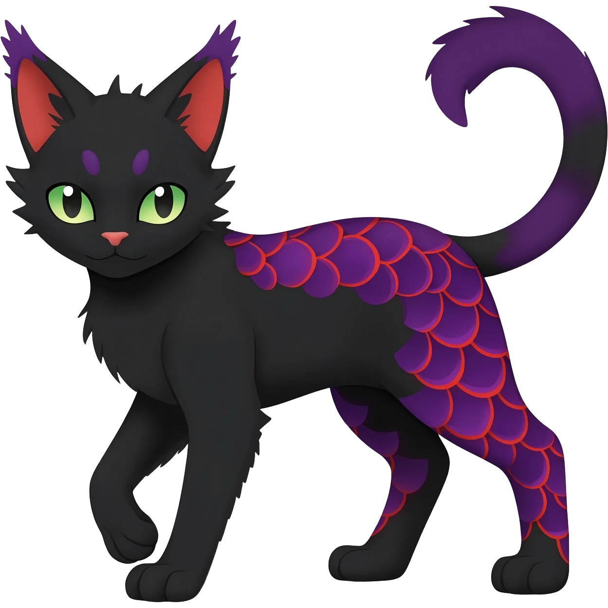 Black edgy Noivern-Noibat-Purloin-Torracat-Lykoi-Caracal-cat-Fakemon-fusion-hybrid-creature with violet and red scale markings emoji