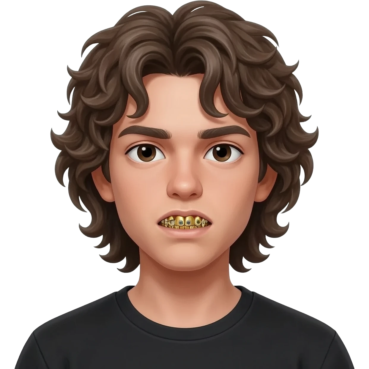 Crea a un chico con el pelo medio largo con cerquillo hasta las cejas pelo enrulado, cara seria caravanas de diamante, grillz de oro y que se vea todo los dientes perfectamente, y una remera negra, y el color d la piel q sea blanco emoji