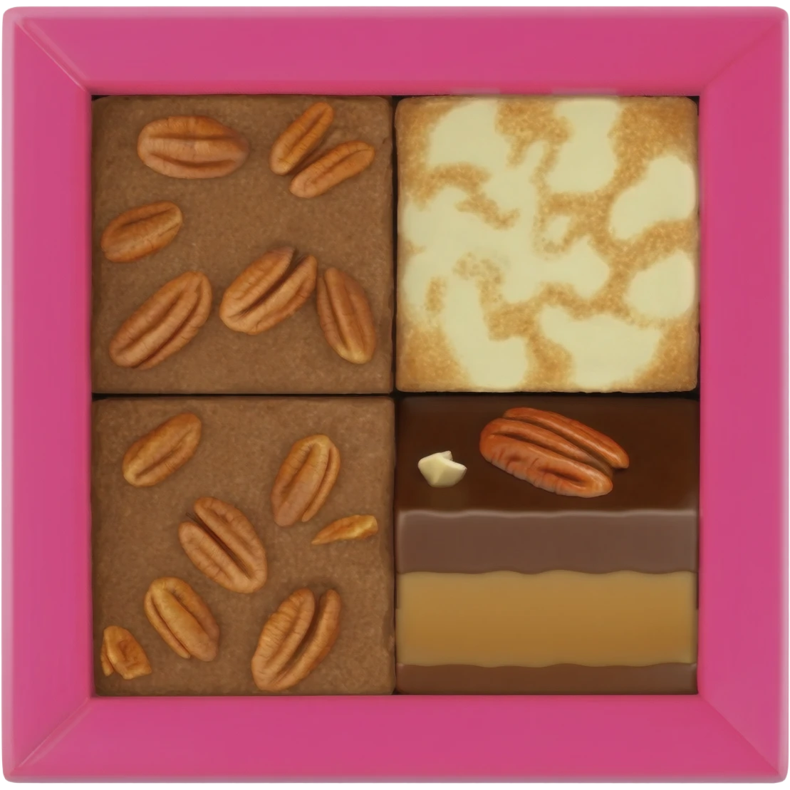 a pecan brownie, cheesecake brownie and turtle brownie in a pink box emoji