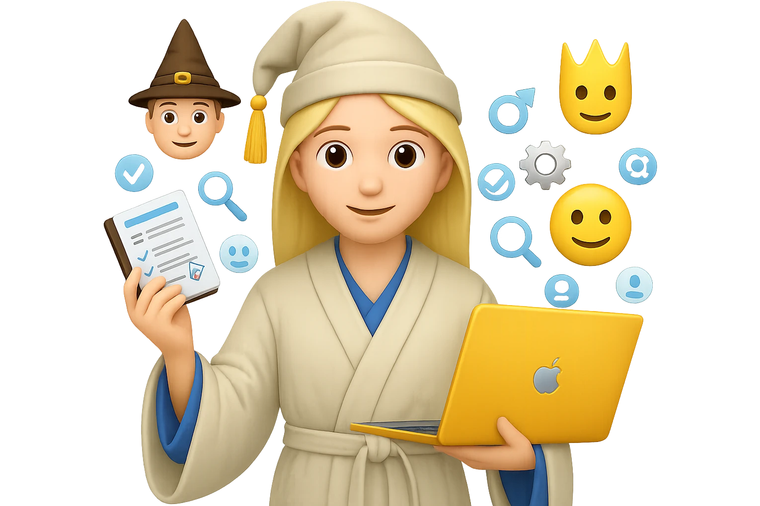 Create an emoji style image of a wizard in a white cloak, holding a resume and a laptop, surrounded by engineering icons. The engineering icons should be in the default emoji style colors. The style should reflect the look of apple style emojis with concise details and vibrant colors. emoji