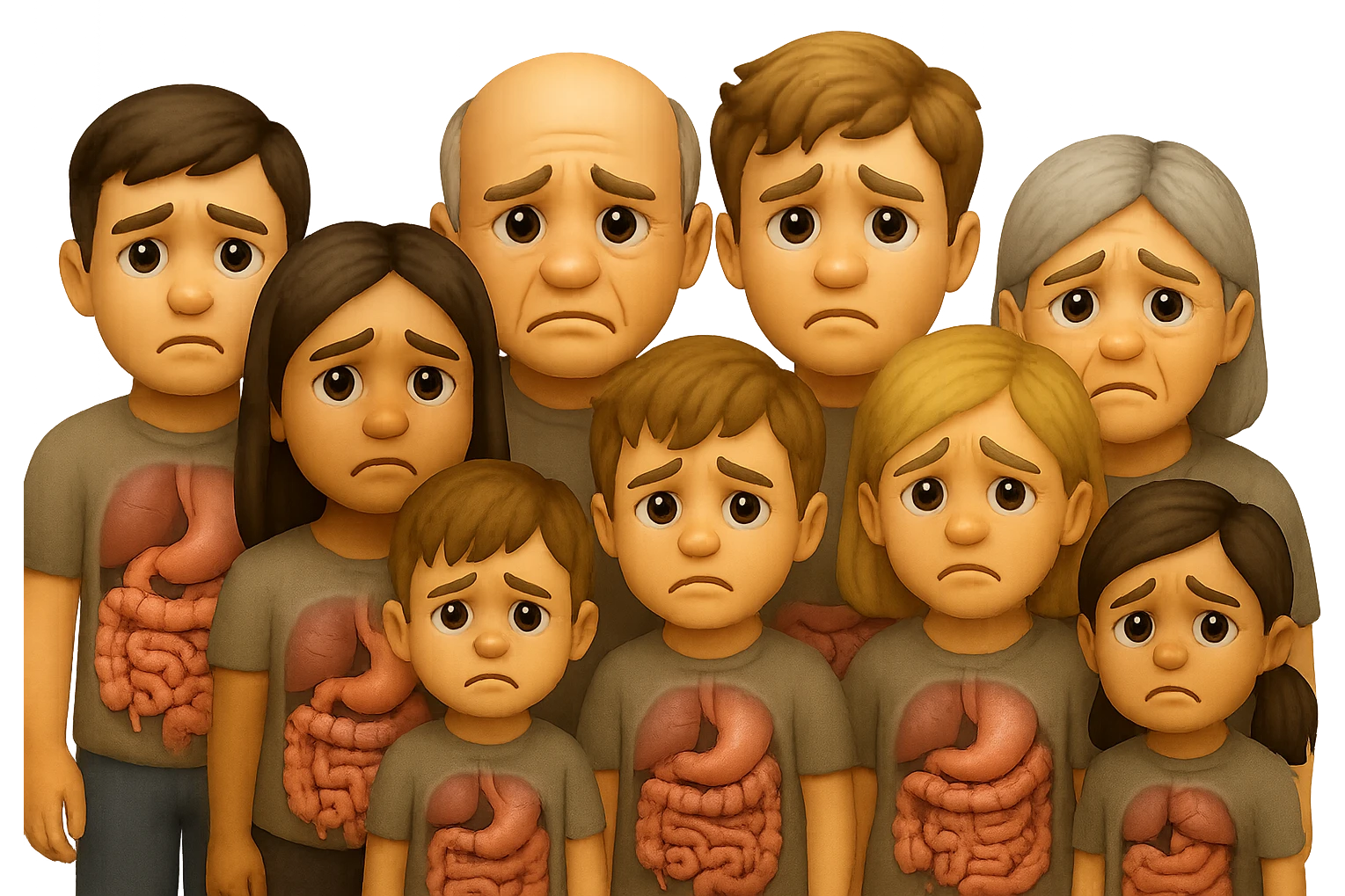 emoji stile iphone di un popolazione di persone con intestino ed espressione triste, iperrealistico 4k, isolato su sfondo bianco emoji