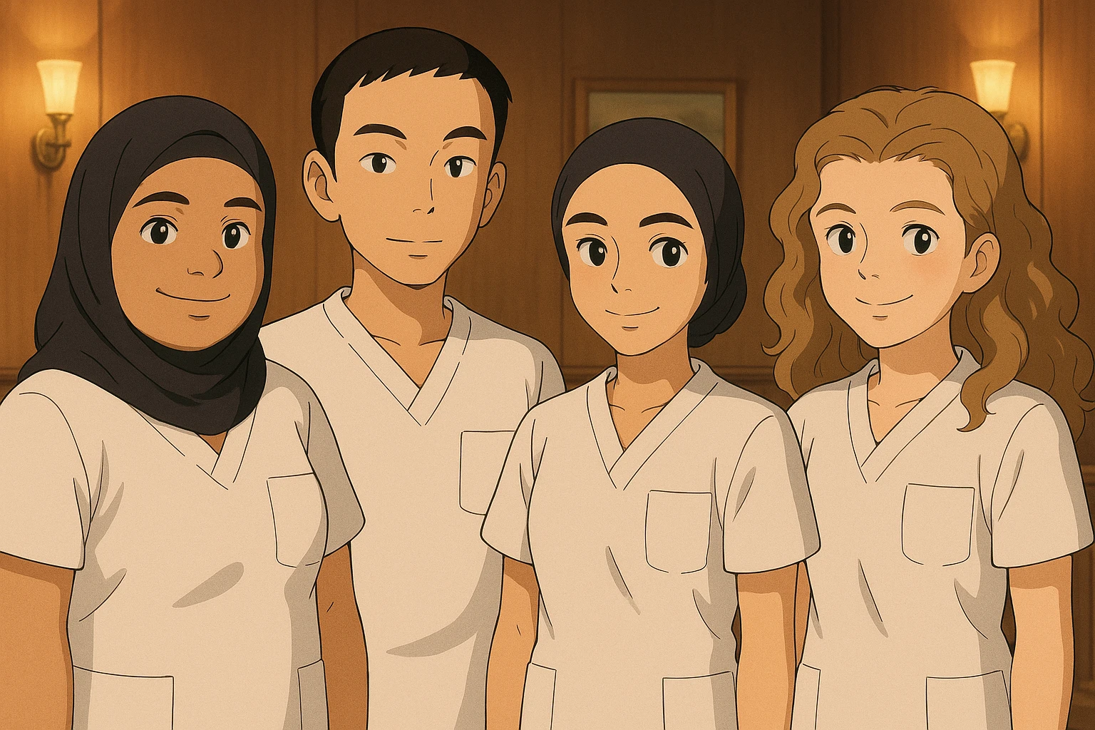 Variation 2: Four nursing students side by side in a warm indoor ambiance, wearing white short-sleeve uniforms without stand-up collars or hijabs under the sleeves, no stethoscopes. Tops are medical tunics with V-neck and left chest pocket. Each student has the face from the provided portraits, in Ghibli style, group composition. emoji