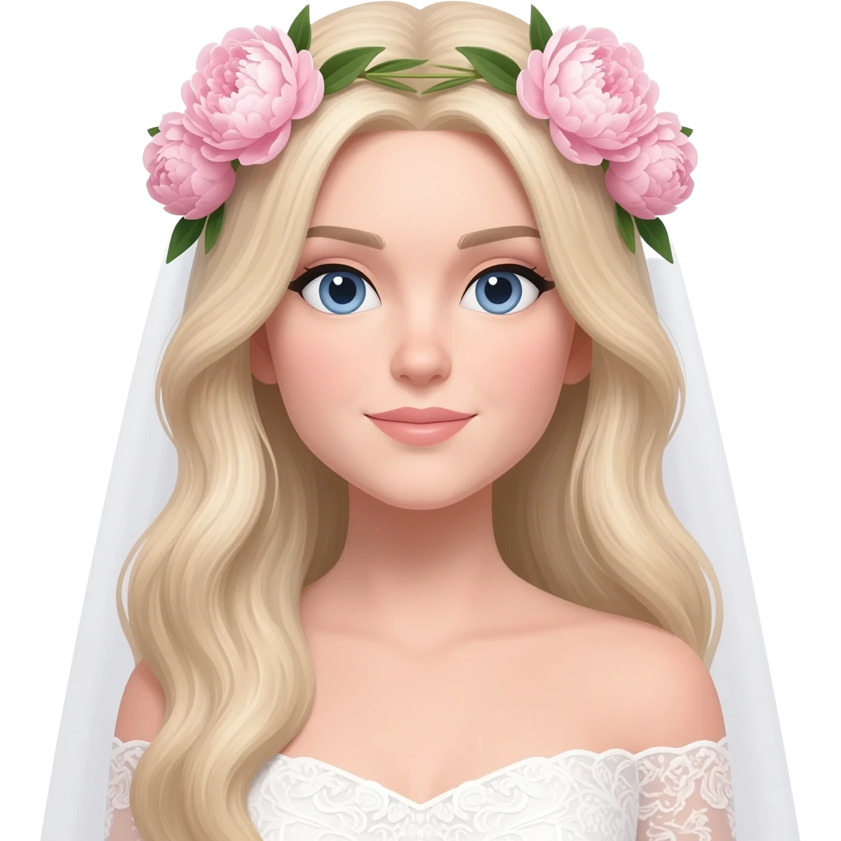 White bride with long light blonde hair and blue eyes with light pink peonies in hair white skin  emoji