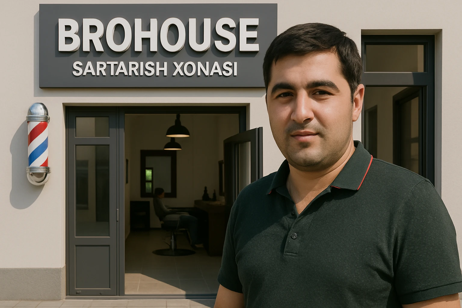 eni shu rasimga manashu odamga uxhshasin sartaosh eshik oldida tursin va tashqarida esa mijoz rasm esa 16 ga 9 bulsin 1920x1080 emoji