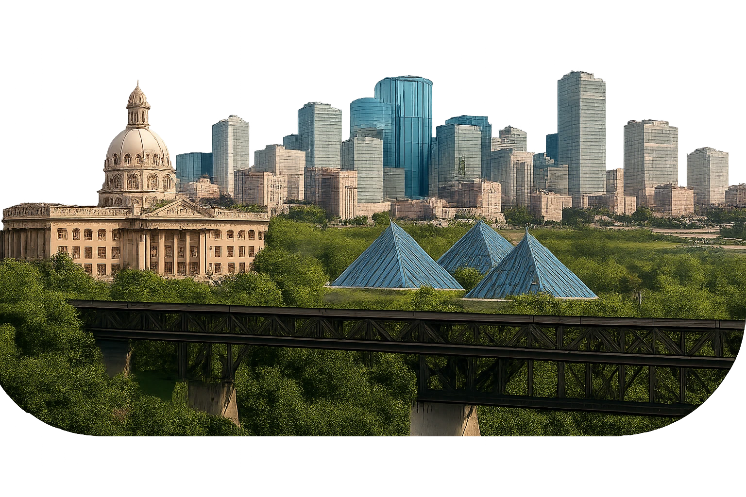 Remove the sky and clouds from the previous Edmonton emoji, keeping everything else exactly the same: the skyline with the Alberta Legislature Building, Muttart Conservatory, High Level Bridge, lifelike detail, accurate colors, bright lighting, wide city view. Maintain a fully transparent background and do not change anything else. emoji