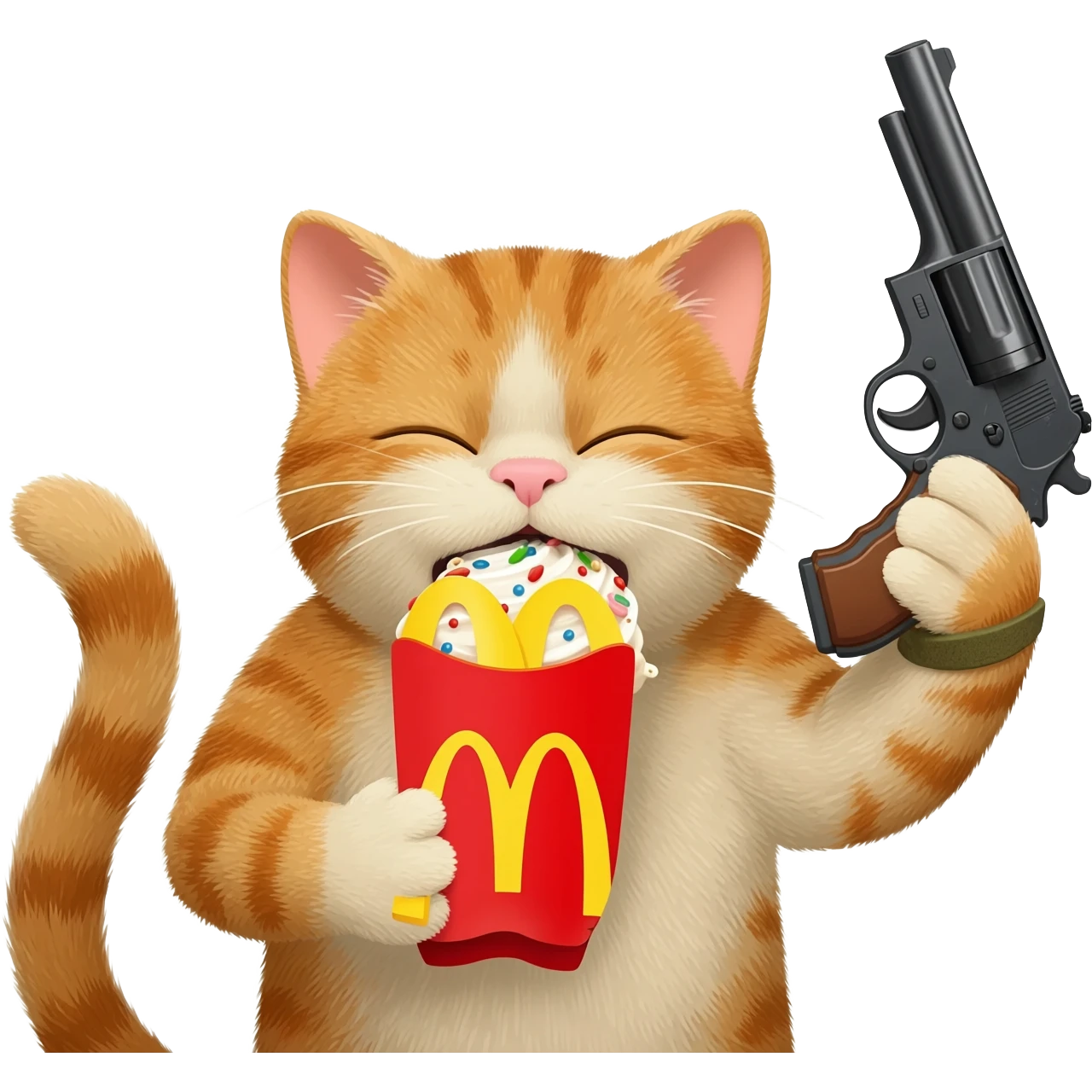 Make an american cat eating mcdonald's desert eagle in hand fighting in world war two emoji