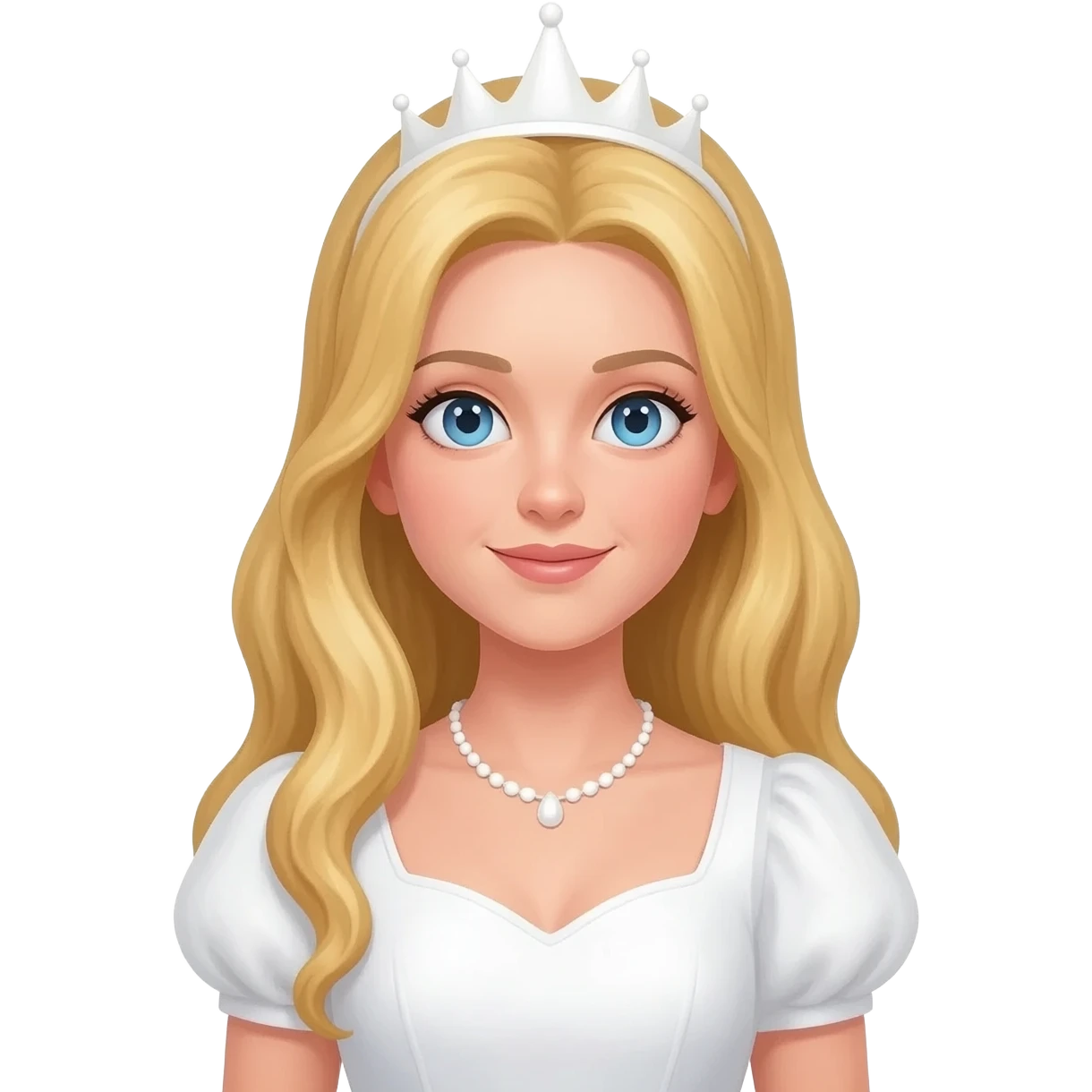 The Good Witch from The Land of Oz with blue eyes, long blonde hair, white dress, white necklace, white crown emoji