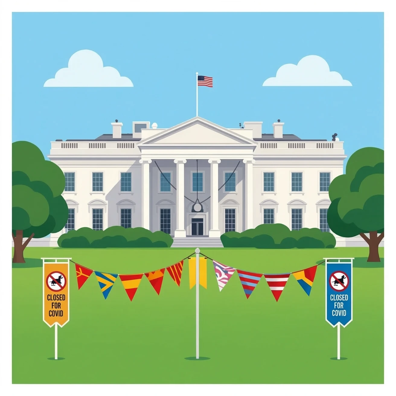 thw white house with "closed for covid" signs and banners in a realistic style emoji