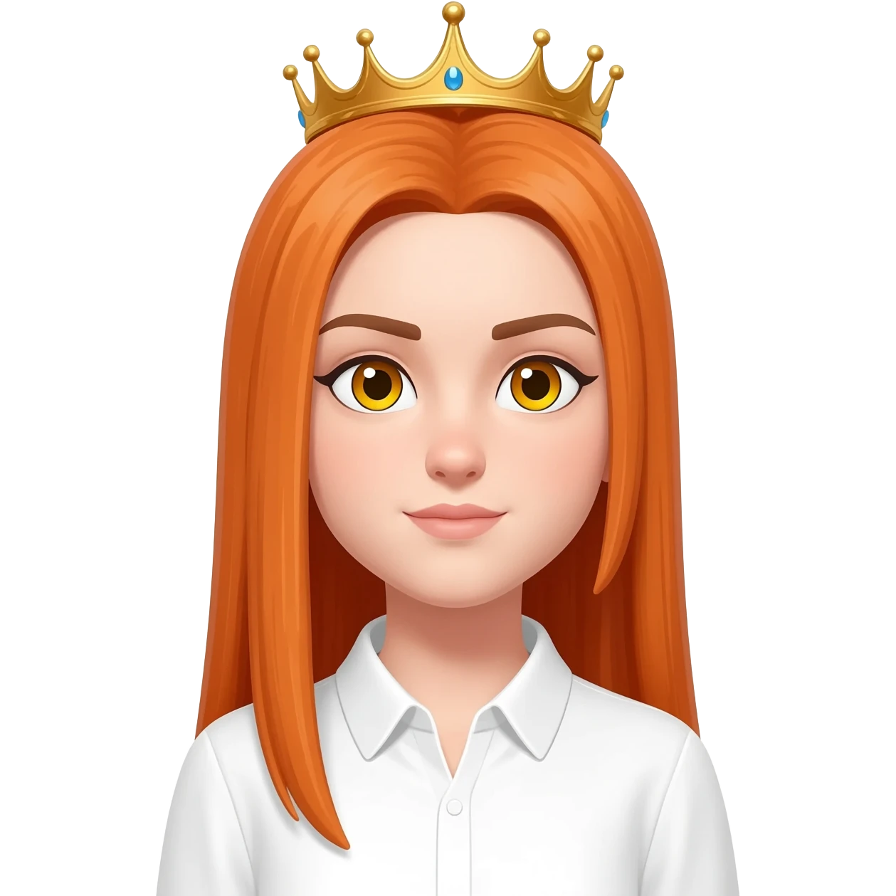 White girl with orange long straight hair and yellow eyes with a crown on her head and a white shirt on brown eyebrows and her hair to the side not on her forehead emoji