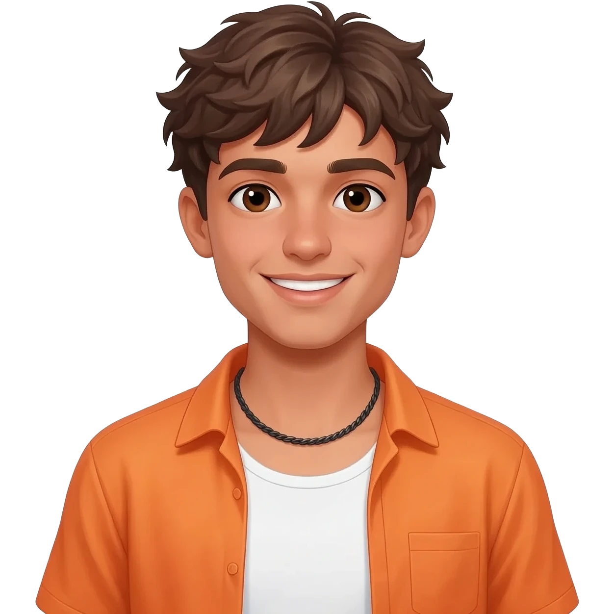 create an emoji of a teenage man, tanned skin, smile. he looks like a surfer, short messy brown hair, dark brown eyes, natural lips. he wears an orange open shirt with a white tank top underneath and a tight necklace emoji