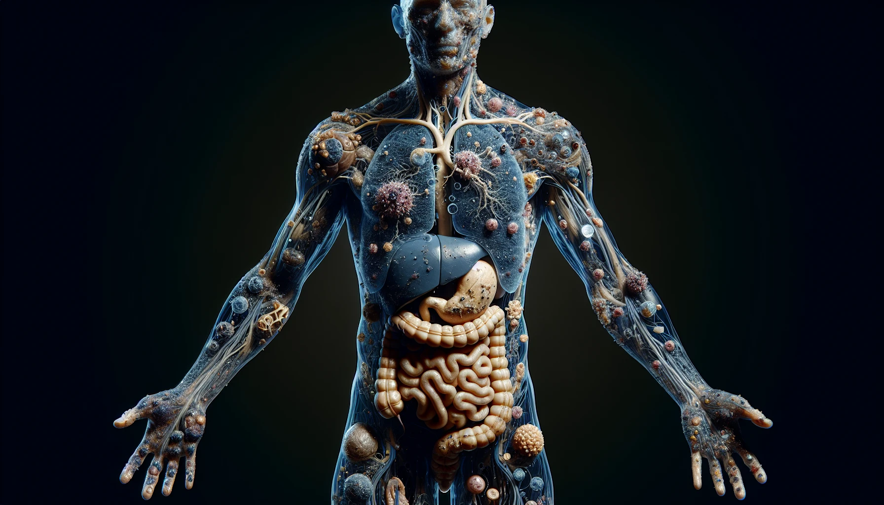 corpo umano anatomico che accumula tossine e malattie nel corpo , iperrealistico 4k emoji