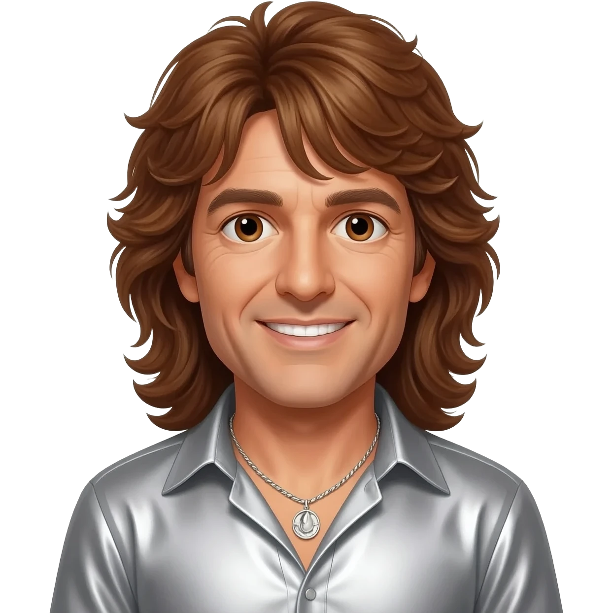 Robin Gibb from Bee Gees with brown eyes, long auburn hair, silver metallic shirt, silver necklace emoji