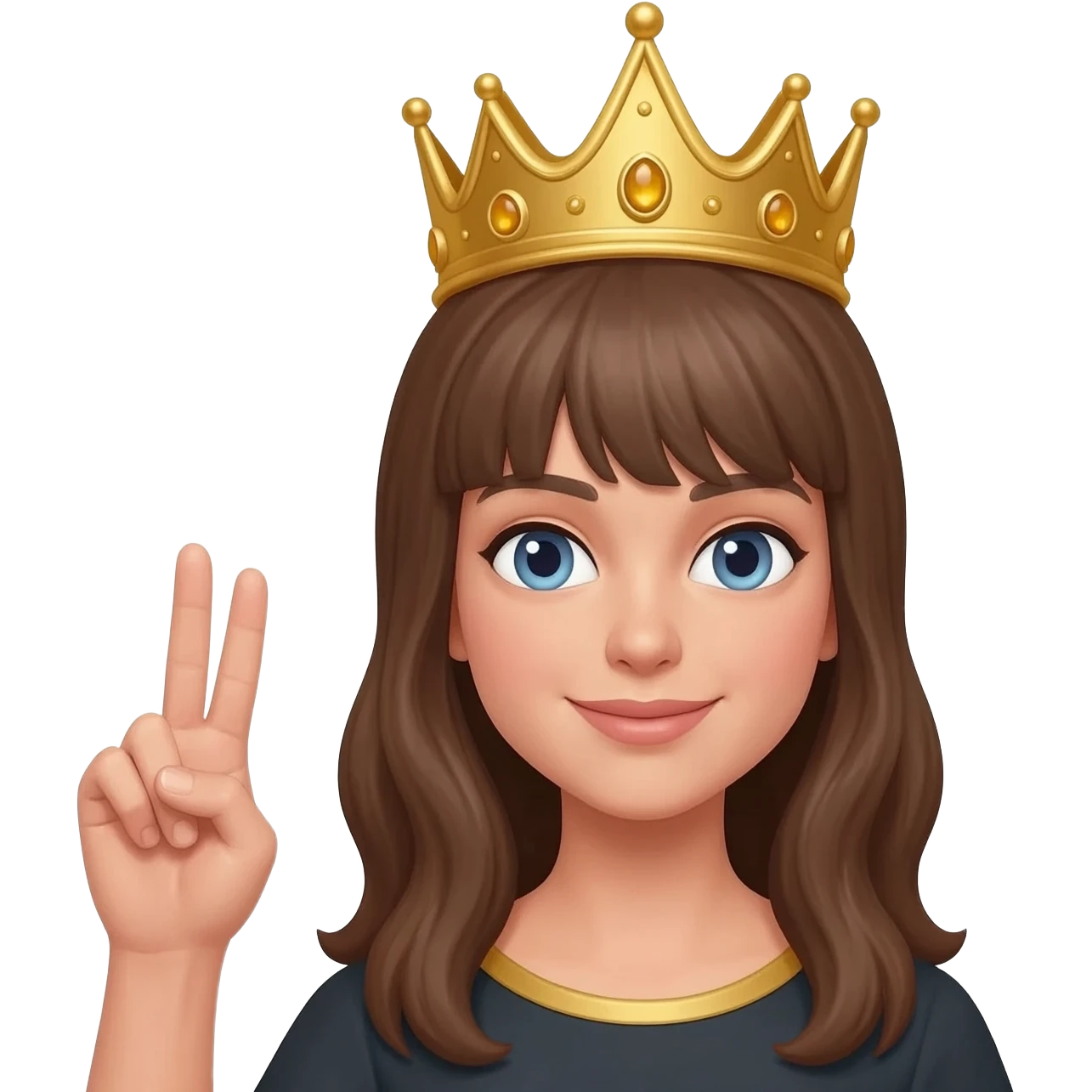 woman with a crown on her head making a "two" gesture with her hand emoji