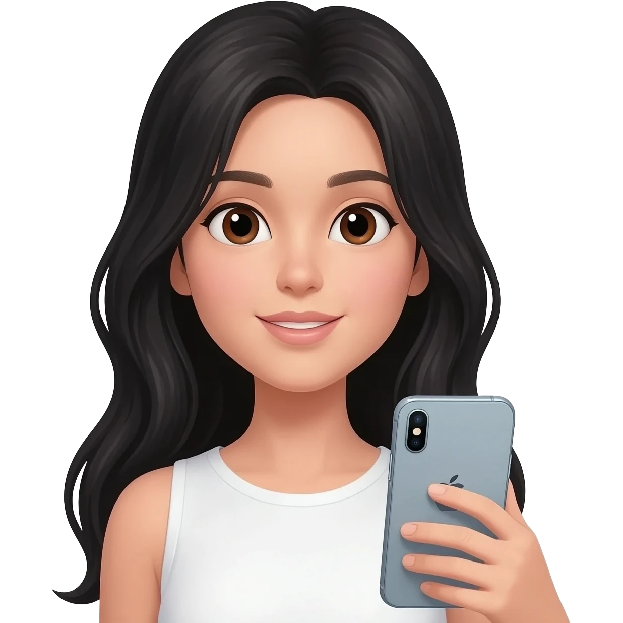 A girl with long black hair, brown eyes, and fair skin, wearing a white top and holding an iPhone. emoji