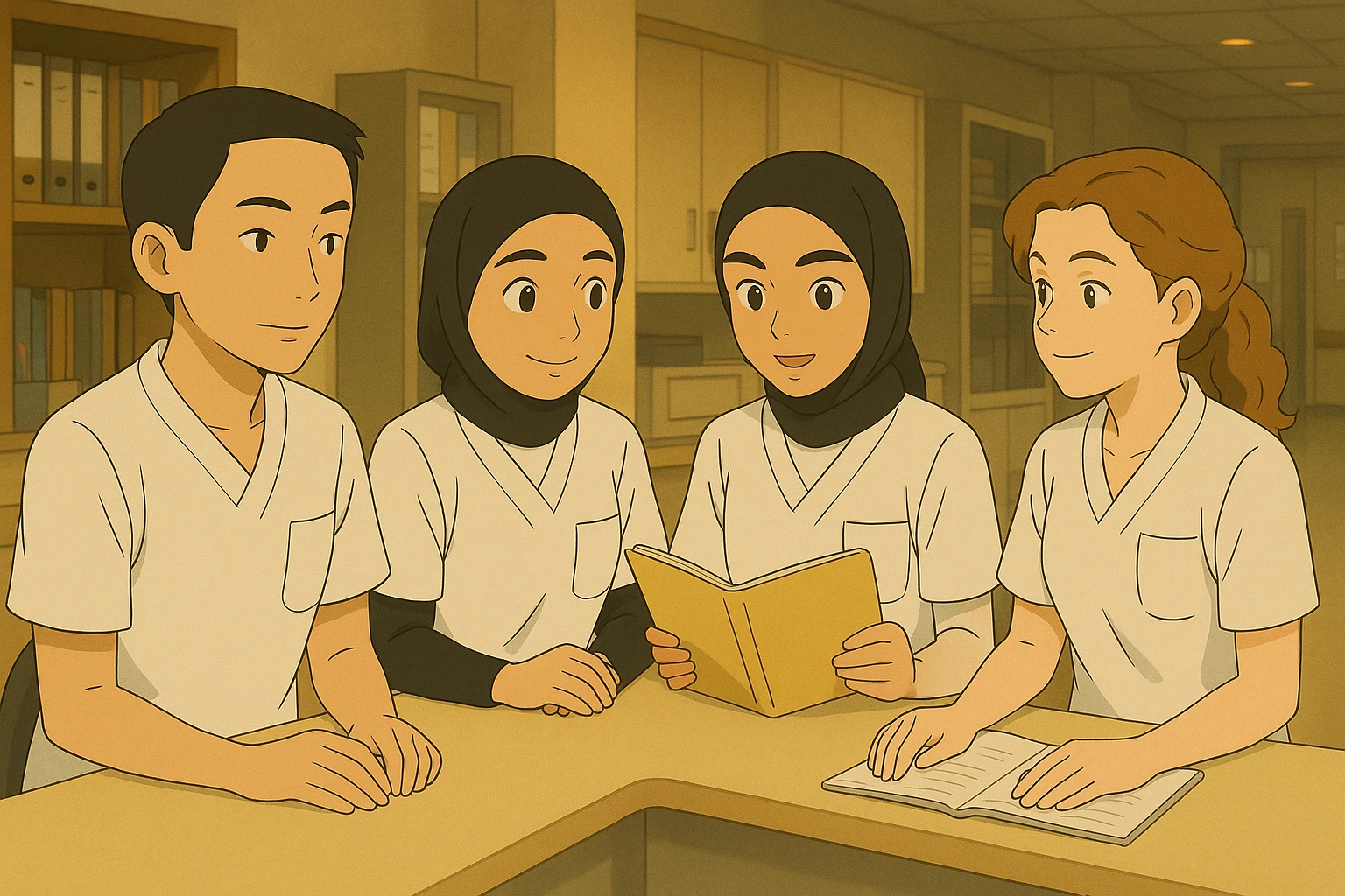 Create a team scene precisely inspired by the four nursing students in the provided photos, interacting in a care station, Ghibli style. White uniforms, V-neck medical tunics, left chest pocket, short sleeves, no classic collar, no visible accessories. Collaborative and caring atmosphere. emoji
