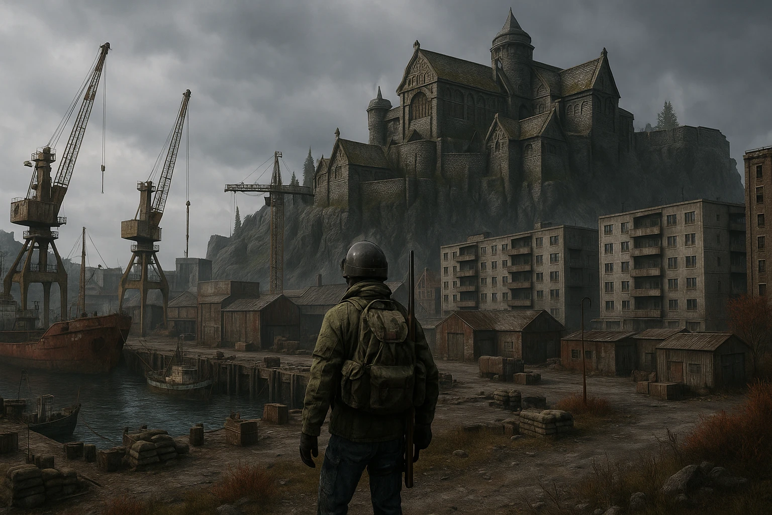 a screenshot of the game DayZ videogame, the city of "solitude" as seen in skyrim, modern evolution, industrial harbor at apartment blocks emoji