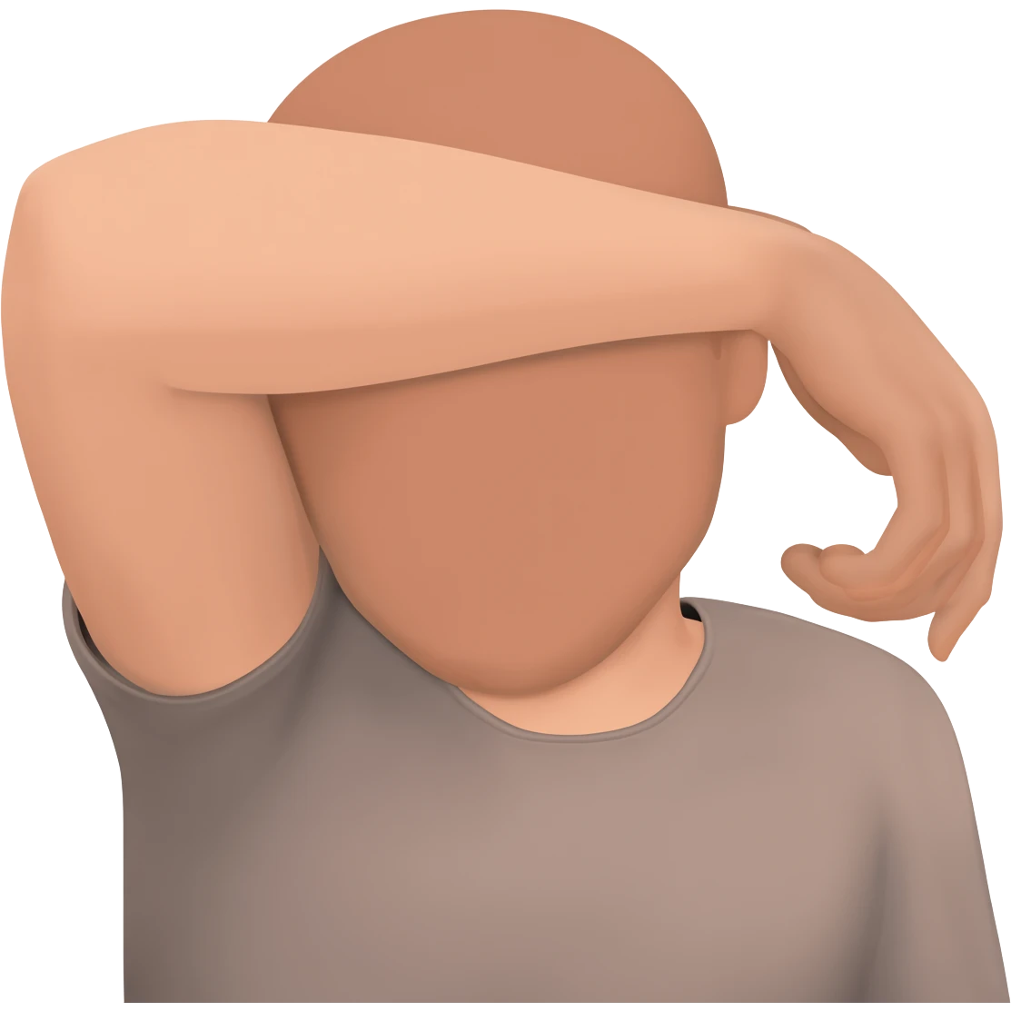 A man who is depressed with his left arm draped over his head so the inside of his left elbow is on his head and his left hand is touching his right shoulder emoji