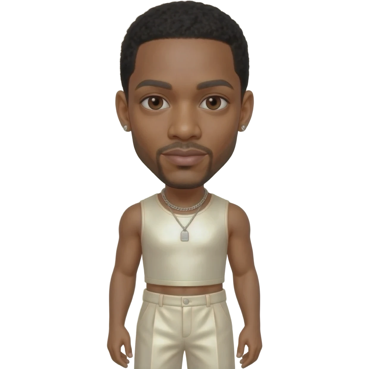 Usher Raymond with dark brown eyes, black hair, ivory metallic sleeveless crop top, ivory metallic wide leg pants, silver necklace and short earrings emoji