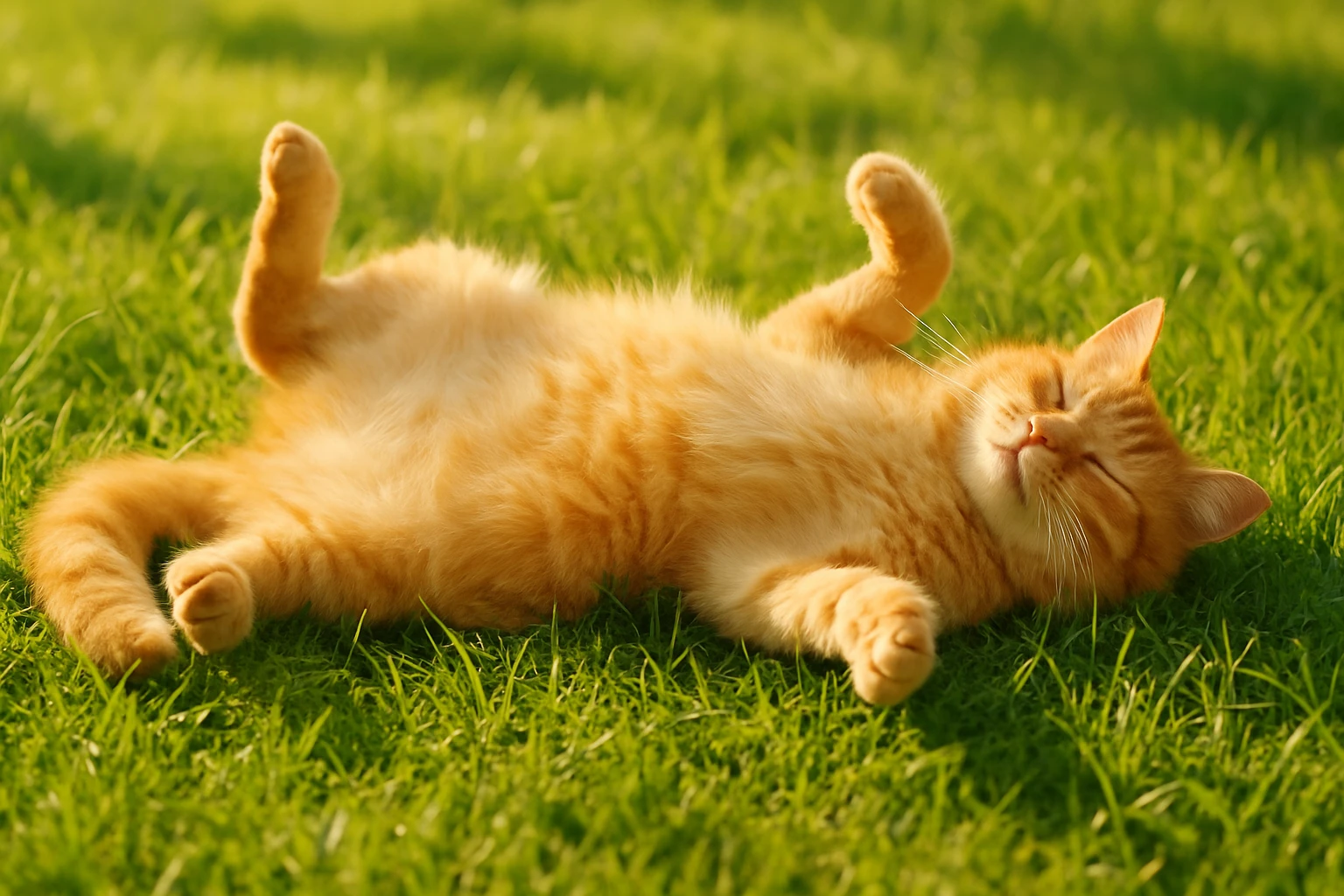 ginger cat rolling on its back in grass, summer, relaxed, fluffy belly emoji