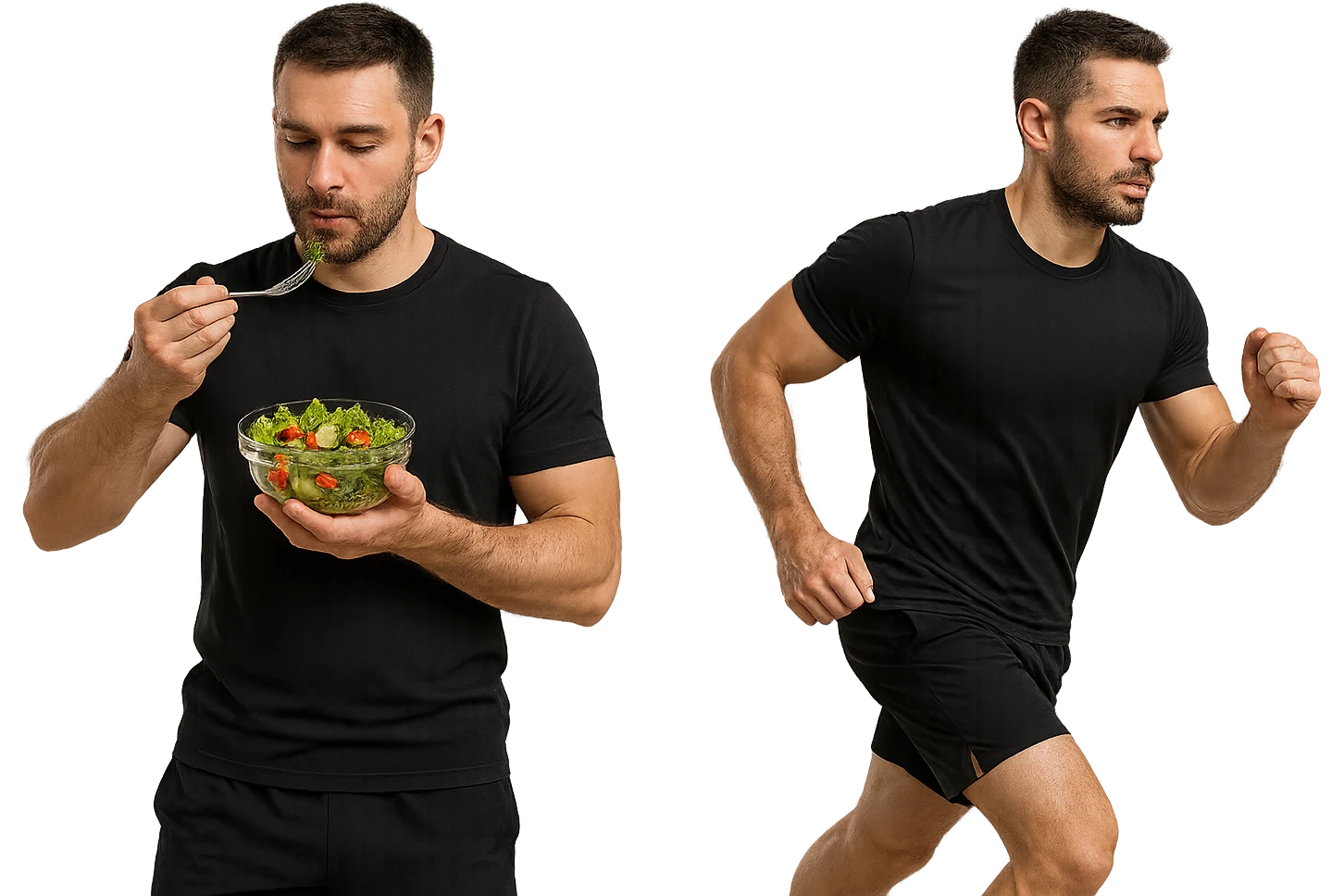 uomo fitness che mangia insalata accanto a uomo identico esteticamente che corre, iperrealistici 4k emoji