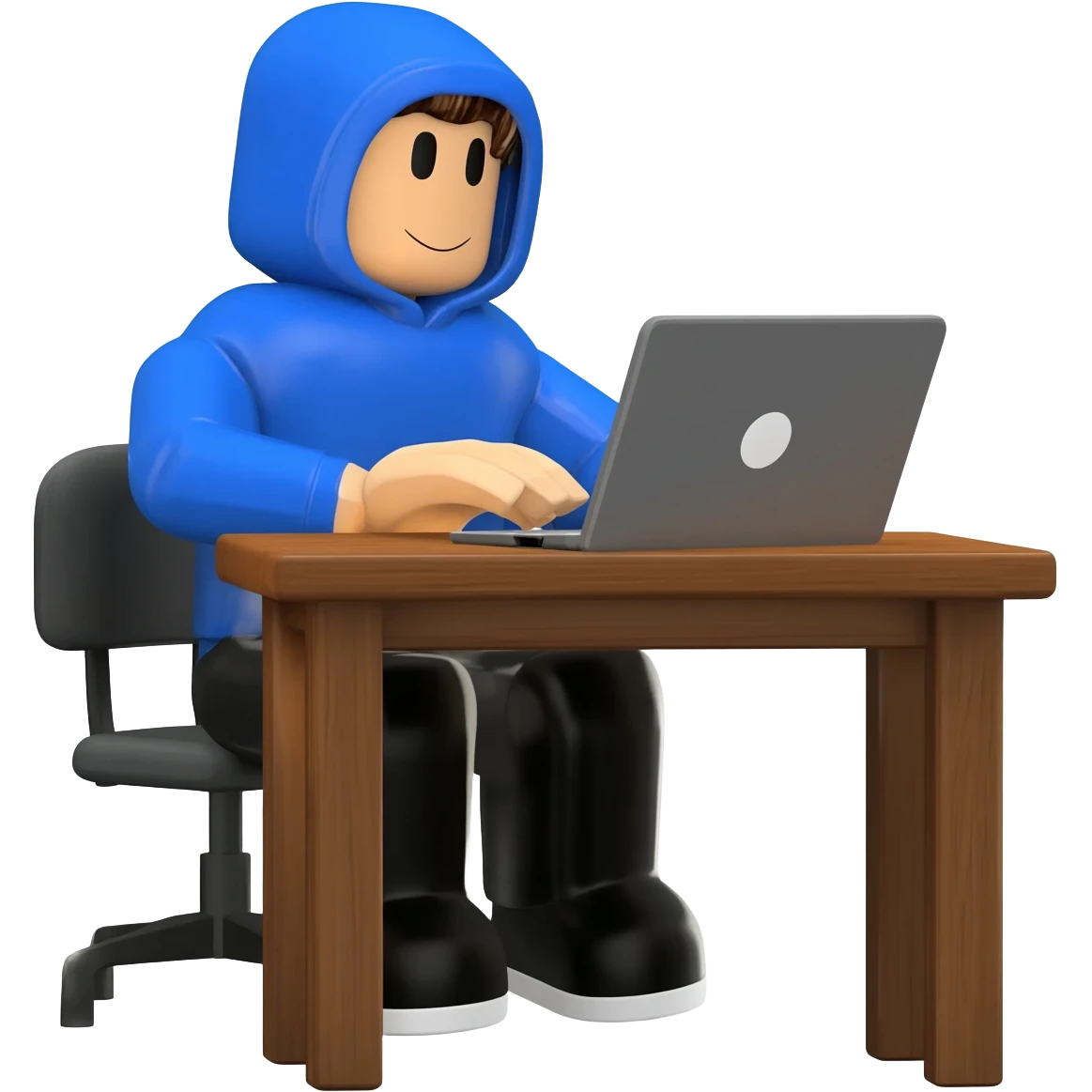 Genera un personaje de roblox de cuerpo completo sentado en un escritorio con una computadora emoji