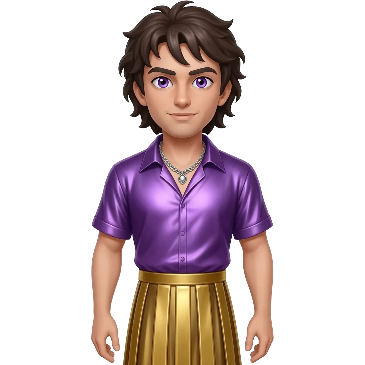 Dionysus from Greek Mythology with purple eyes, dark brown hair, purple metallic shirt, gold metallic long skirt, silver necklace emoji