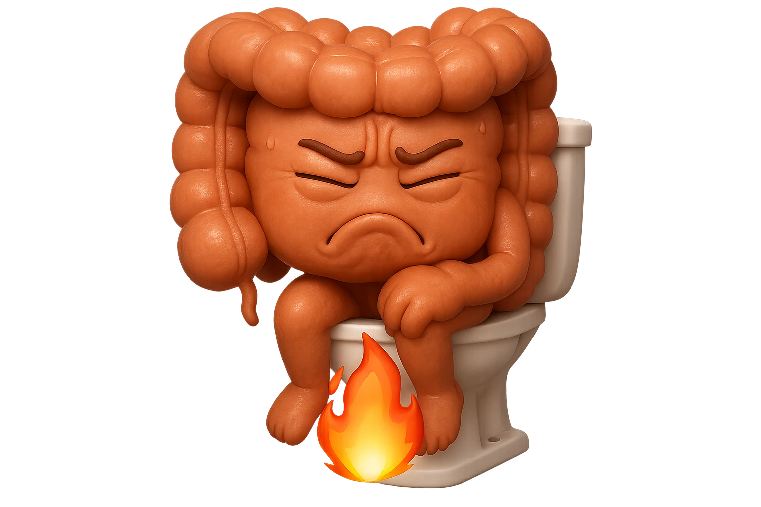 SU QUESTO STILE FAI UN EMOJI STILE IPHONE 3D DI UN INTESTINO CHE sta seduto sul wc e dal wc in mezzo alle sue gambe esce una fiamma stile emoji iphone, FAGLI UN ESPRESSIONE di dolore mentre si sforza E FALLO MOLTO REALISTICO IN 3D emoji