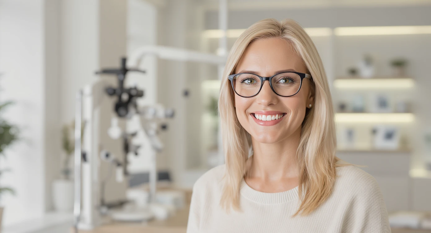 Cinematic still, Proffesional advertising of a smiling european white woman with glasses smiling, minimalistic ophthalmologist interior in background, leading  lines, "rule of thirds", 60/30/10 colors, soft light emoji
