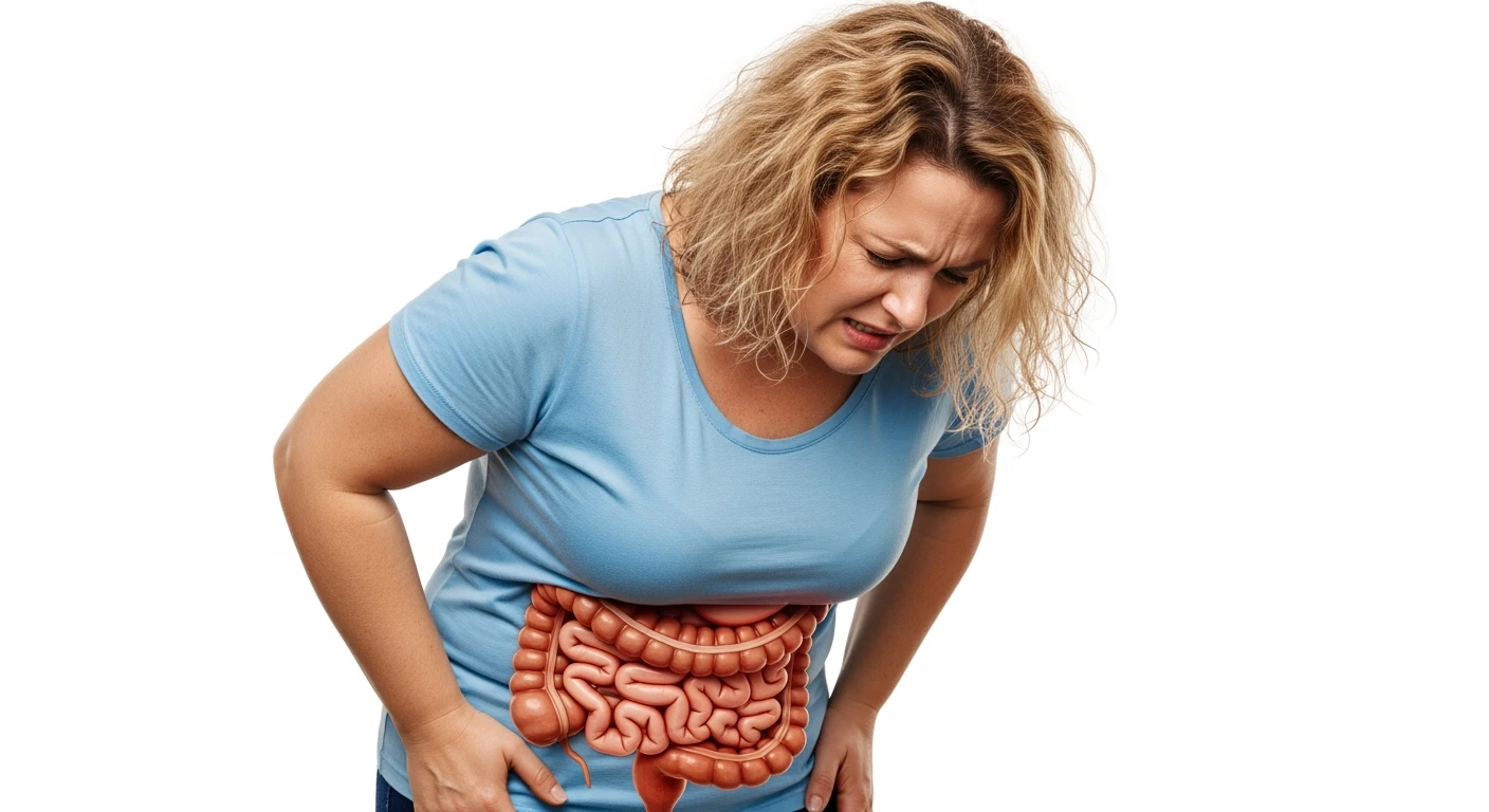 DONNA LEGGERMENTE SOVRAPPESO PIEGATA IN AVANTI FRONTALMENTE CON INTESTINO ANATOMICO IN EVIDENZA, MAL DI PANCIA iperrealistico 4k, ISOLATA SU SFONDO BIANCO emoji